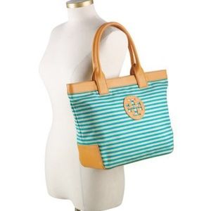 Tory Burch Sophia Striped Canvas Tote / Purse / Turquoise/ White/ Tan